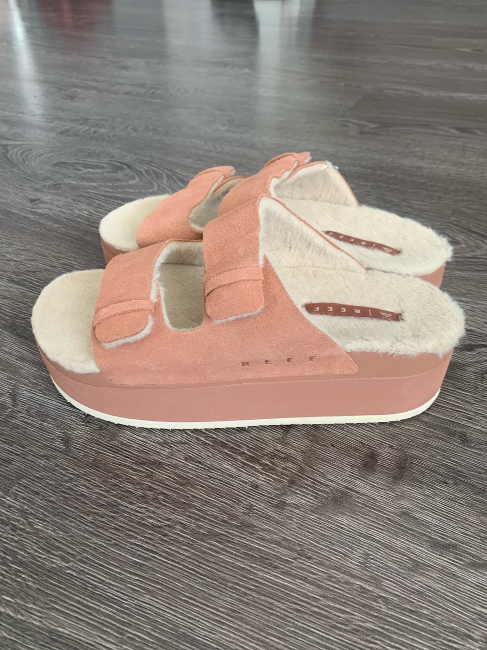 Reef Pink Suede Platform Slide Mules with Faux-Fur Footbed
